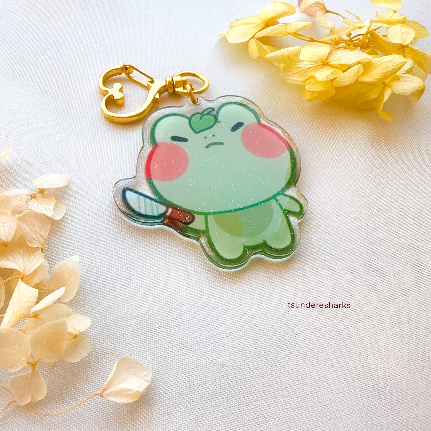 Angy Frog With A Knife Glitter Keychain