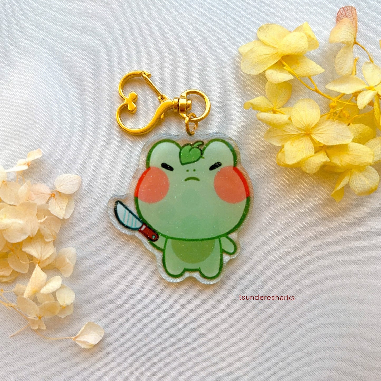 Angy Frog With A Knife Glitter Keychain