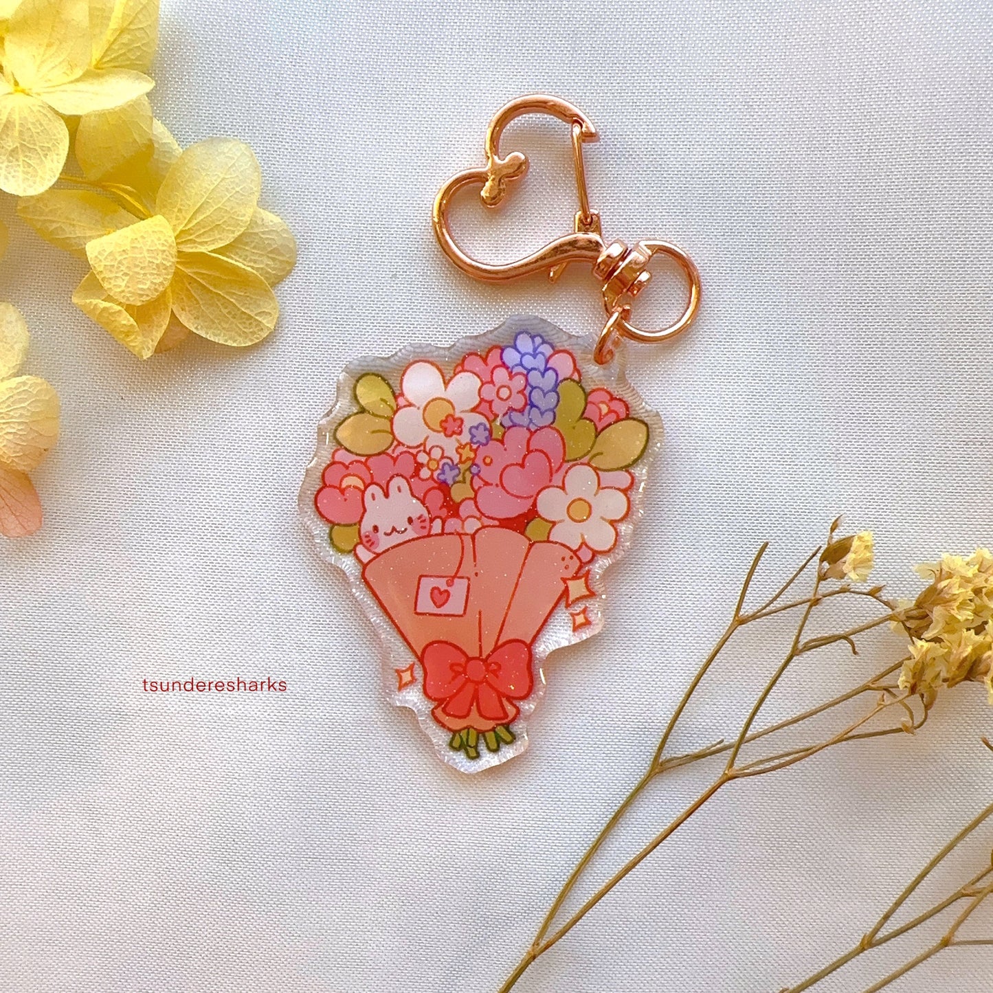 Bouquet Bunny Flowers Glitter Keychain