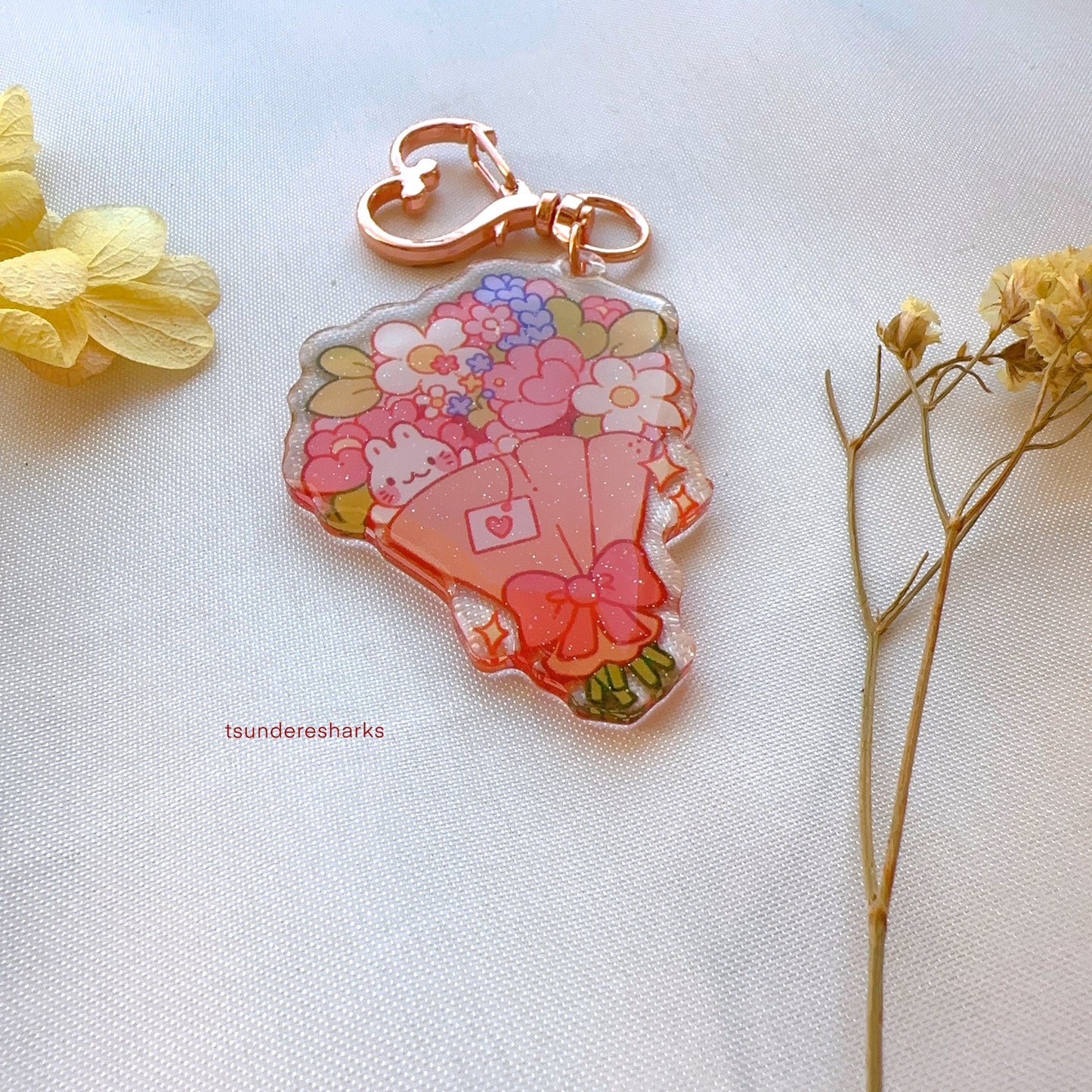 Bouquet Bunny Flowers Glitter Keychain