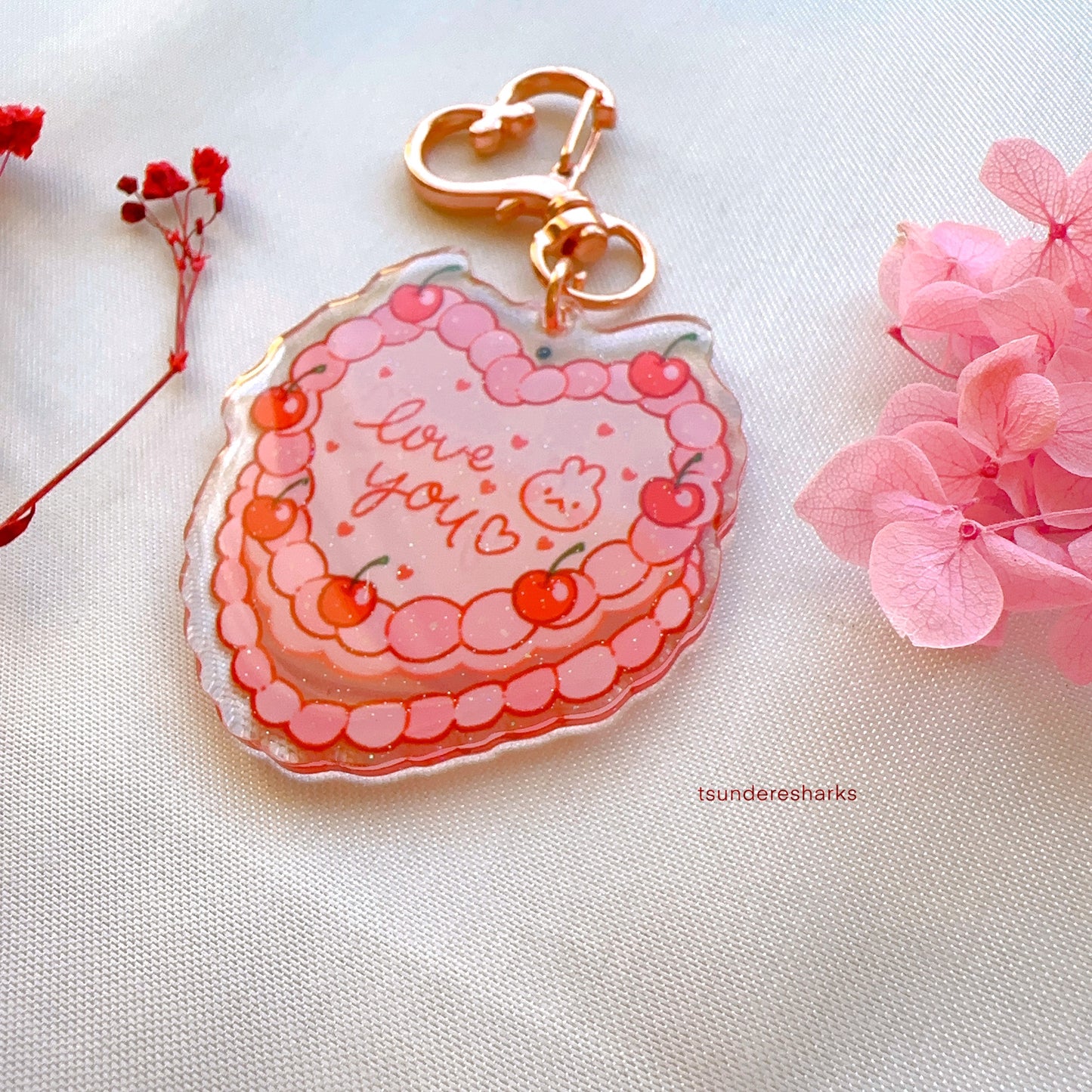 Love You Heart Cake Glitter Keychain