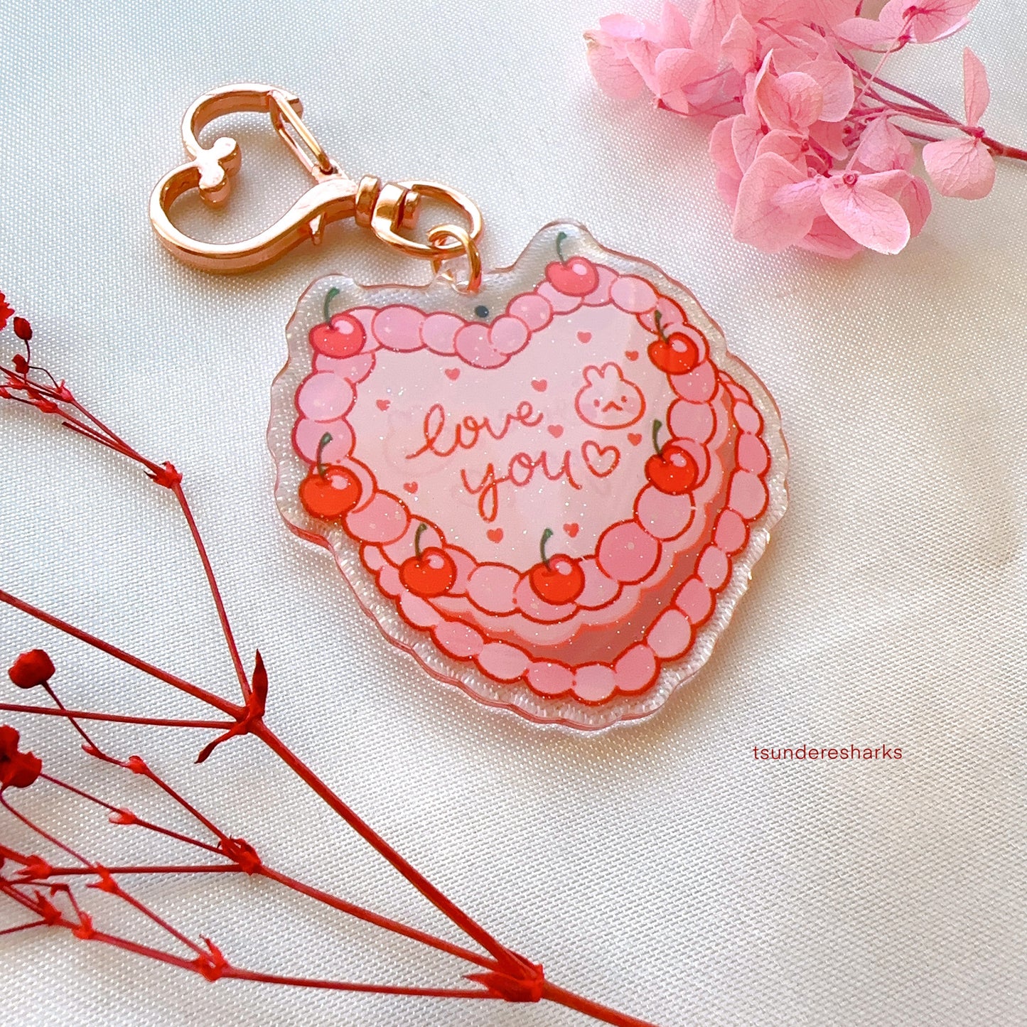 Love You Heart Cake Glitter Keychain
