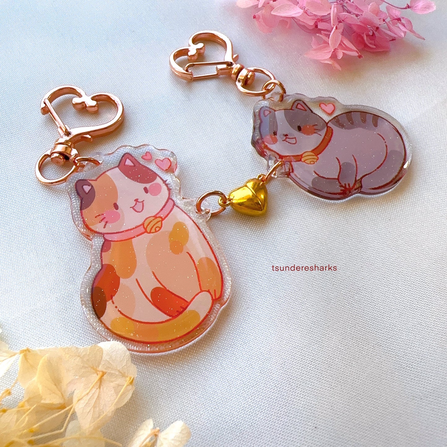 Cat Matching Heart Magnet Glitter Keychains