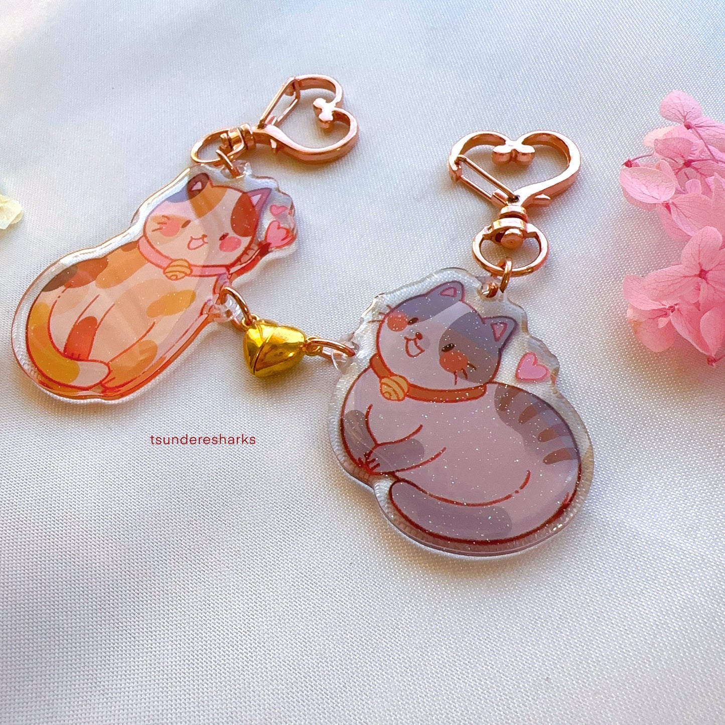 Cat Matching Heart Magnet Glitter Keychains