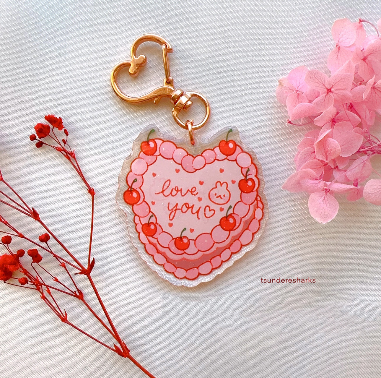 Love You Heart Cake Glitter Keychain