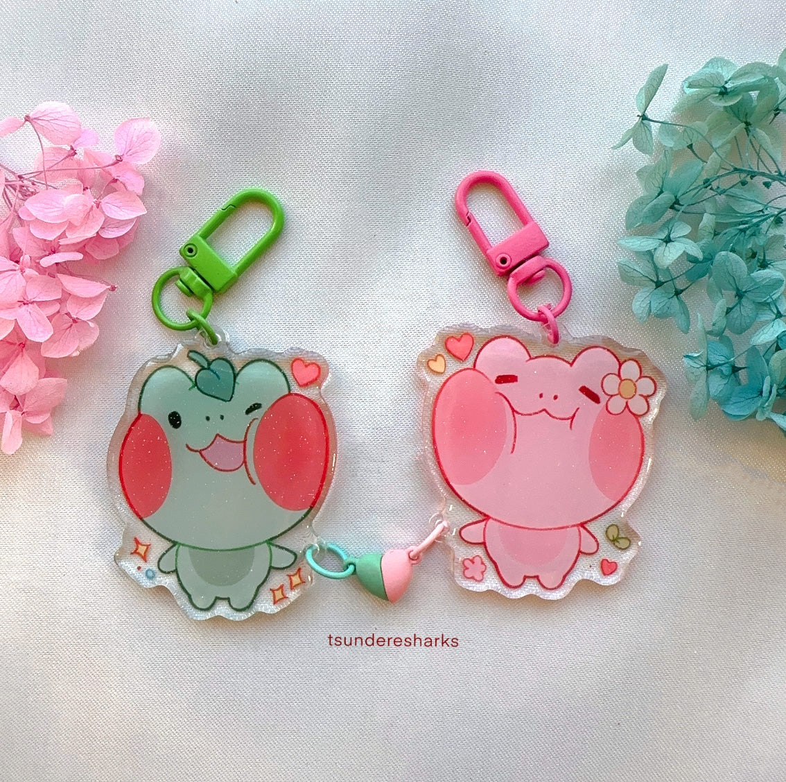 Frog Matching Heart Magnet Glitter Keychains
