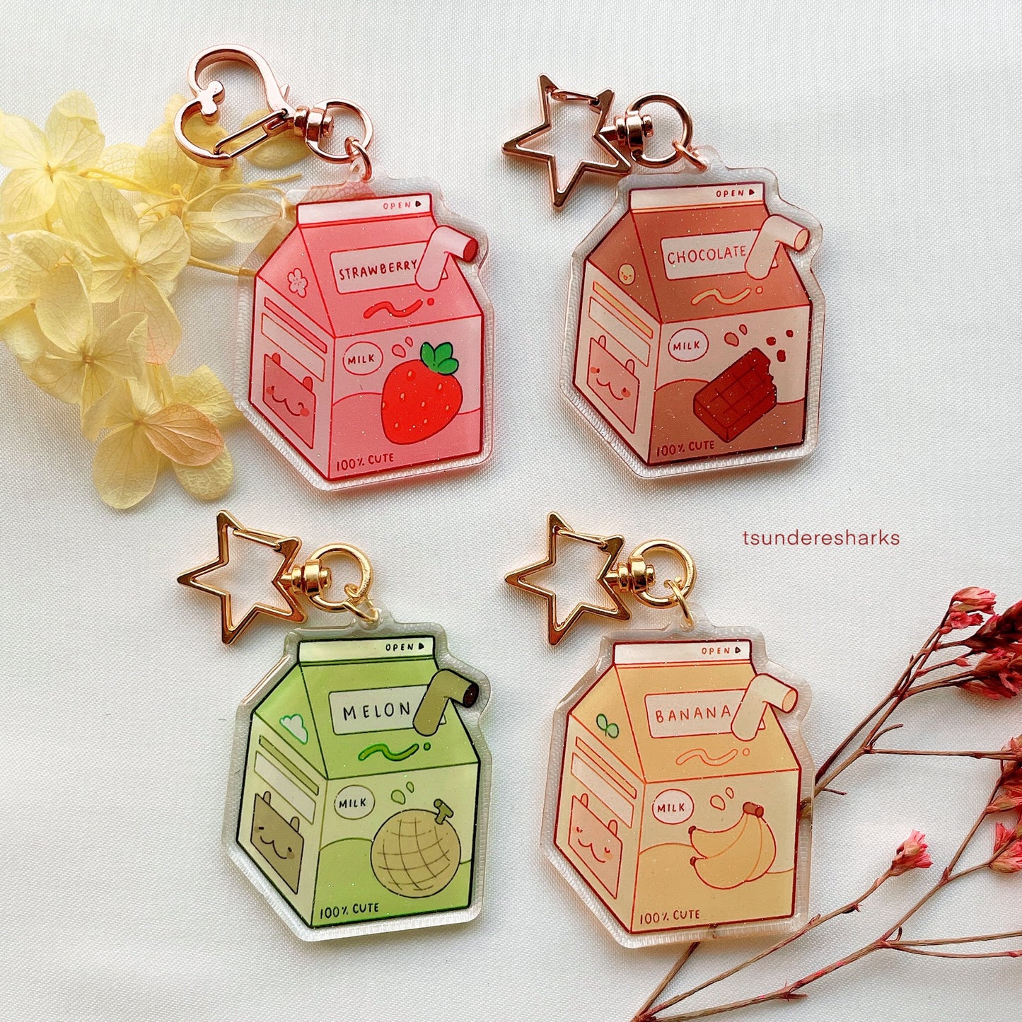 Strawberry, Banana, Chocolate, Melon Milk Cartons Glitter Keychains