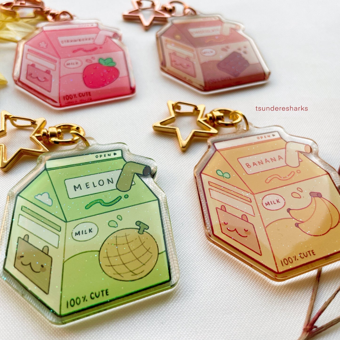 Strawberry, Banana, Chocolate, Melon Milk Cartons Glitter Keychains