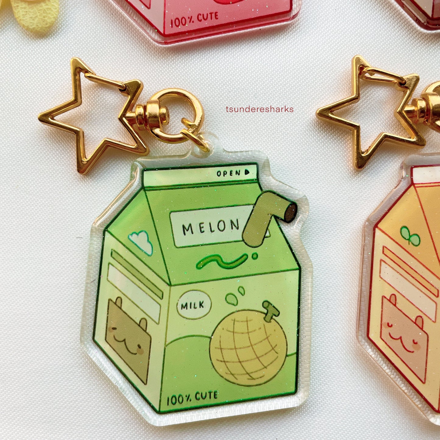Strawberry, Banana, Chocolate, Melon Milk Cartons Glitter Keychains